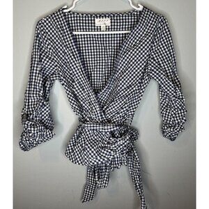 Women’s Small Blue Checkered Wrap Top XS Half Sleeve Cowgirl Max Studio